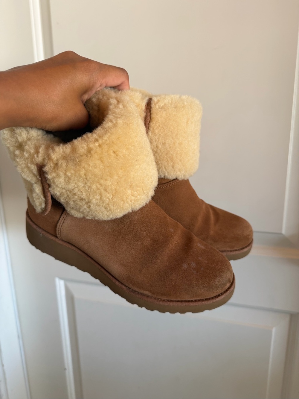 Women's UGG Michelle Suede Boots in chestnut with a fold-over sheepskin plush